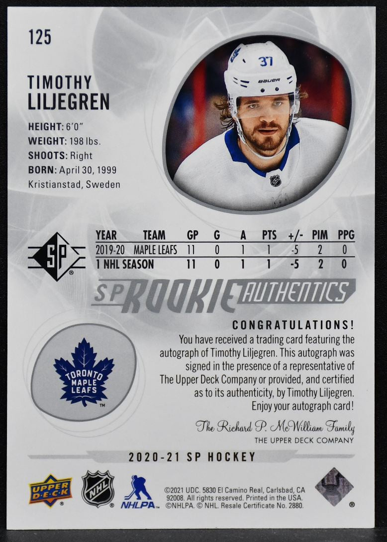 2020-21 SP Rookie Authentics Timothy Liljegren 125 Toronto Maple Leafs RC Auto