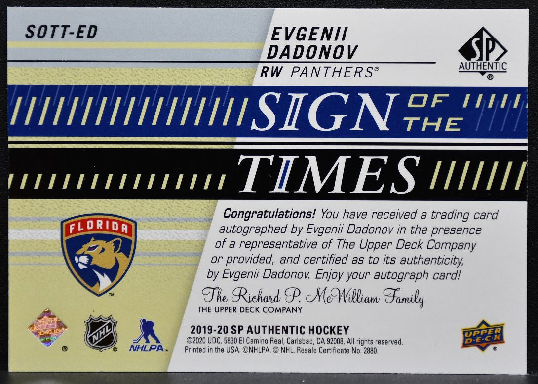2019-20 SP Authentic Sign of the Times Evgenii Dadonov Panthers Auto 1124
