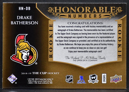 2018-19 UD The Cup Honorable Numbers Autograph Patch Drake Batherson HN-DB 79