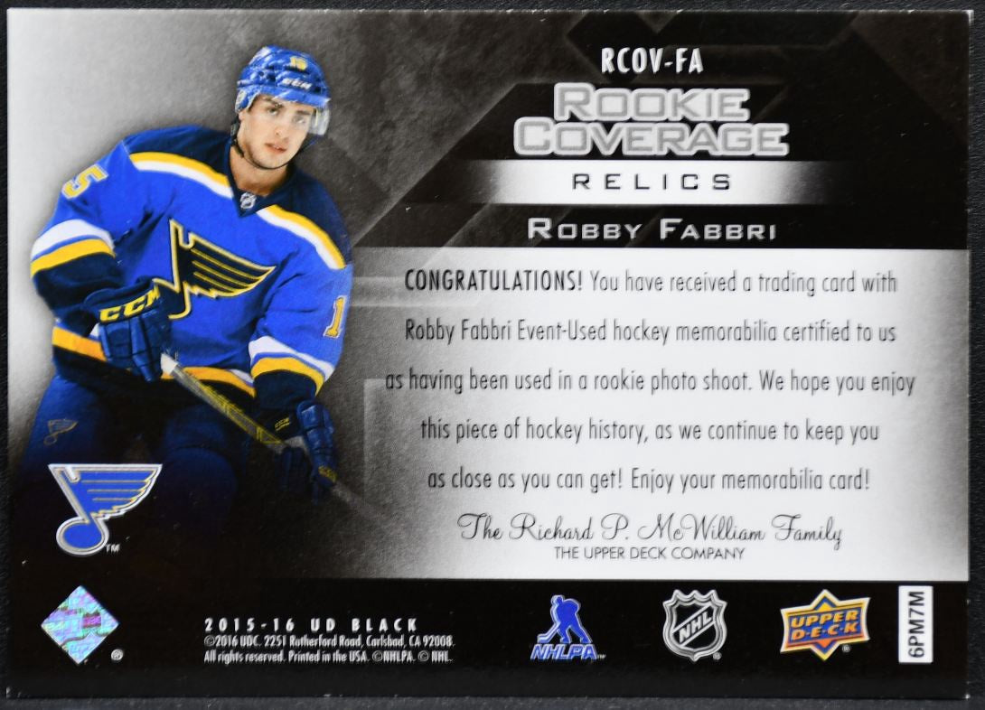 2015-16 UD Black Rookie Coverage Relics Robby Fabbri RCOV-FA RC Jersey 8663