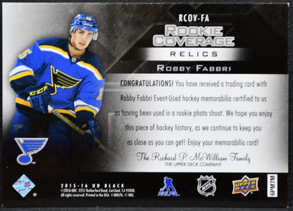 2015-16 UD Black Rookie Coverage Relics Robby Fabbri RCOV-FA RC Jersey 8663