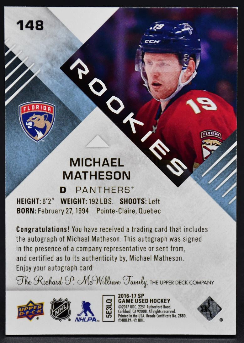 2016-17 SP Game Used Authentic Rookies Auto Michael Matheson 148 RC Auto