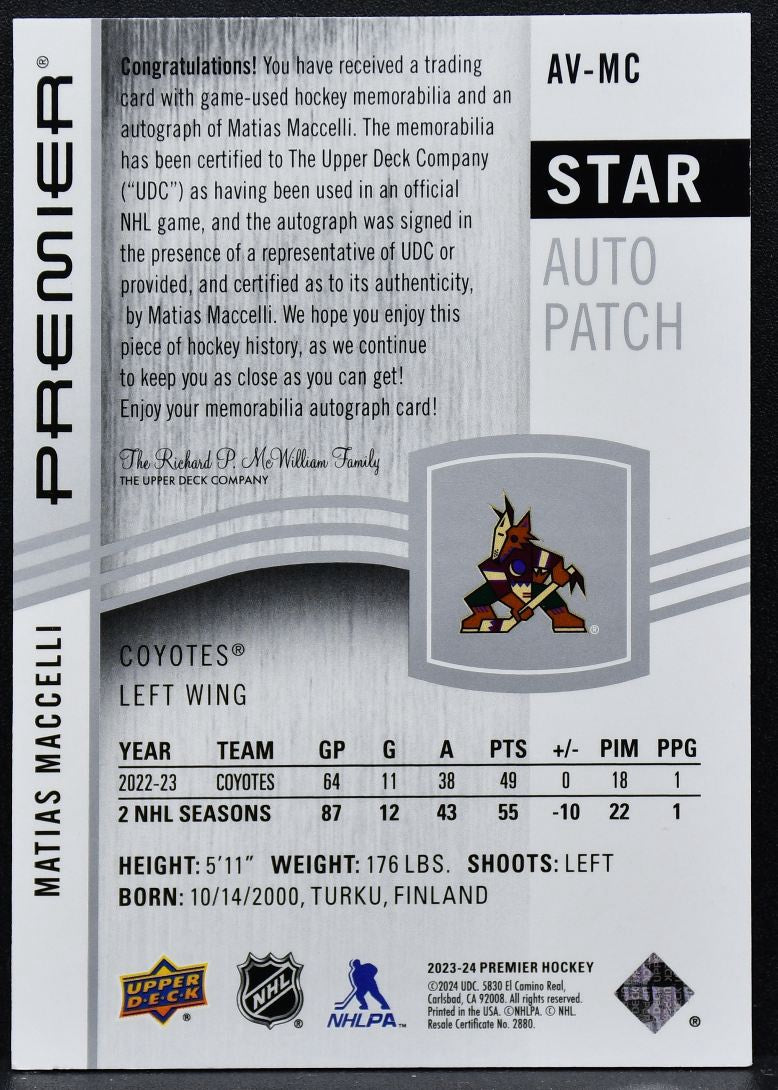2023-24 UD Premier Acetate Star Patch Auto Matias Maccelli AV-MC Auto Patch 2583