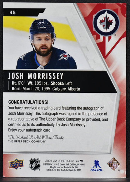 2021-22 SPx Autographs Josh Morrissey 45 Winnipeg Jets Auto 6225