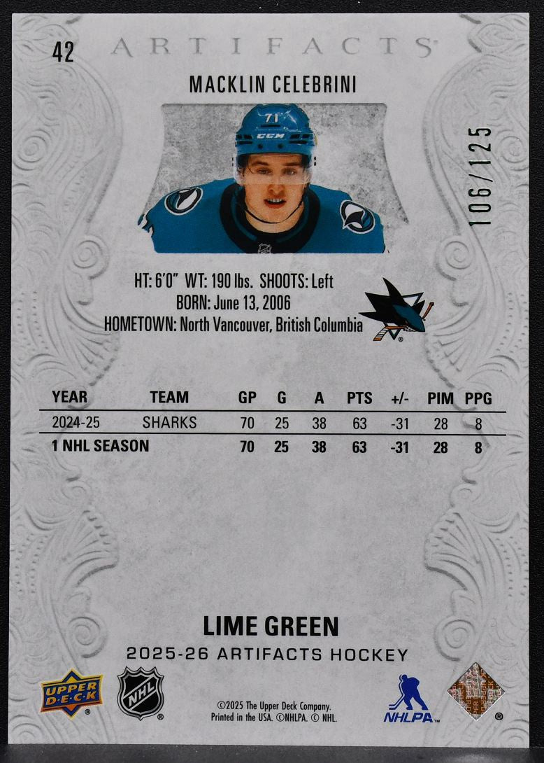 2025-26 Upper Deck Artifacts Lime Green Macklin Celebrini 42 106/125 6506