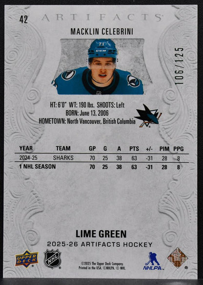 2025-26 Upper Deck Artifacts Lime Green Macklin Celebrini 42 106/125 6506