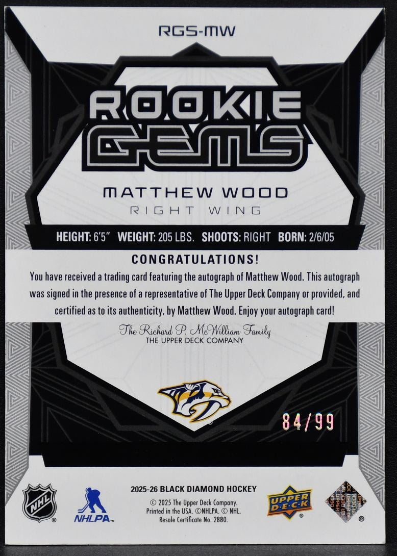 2025-26 UD Black Diamond Rookie Gems Signatures Matthew Wood RGS-MW RC Auto /99