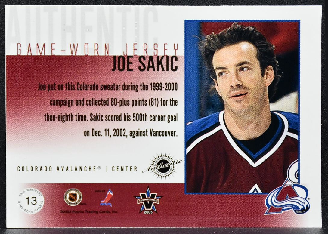 2002-03 Pacific Vanguard Game-Worn Jersey Joe Sakic 13 131/241 Jersey 7886