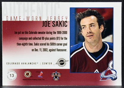 2002-03 Pacific Vanguard Game-Worn Jersey Joe Sakic 13 131/241 Jersey 7886