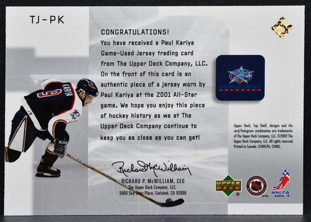2002-03 UD Top Shelf Jersey Paul Kariya Mighty Ducks of Anaheim Jersey 0646