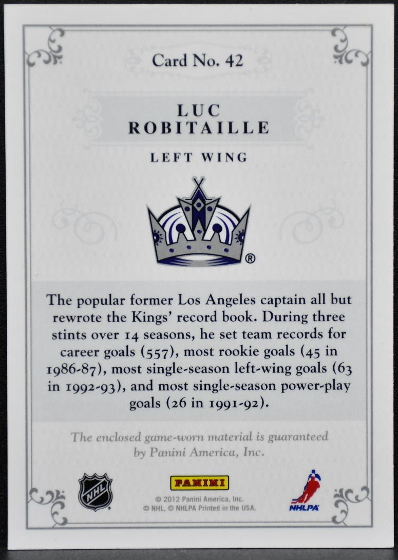 2012-13 Panini Dominion Jersey Luc Robitaille 42 Kings 039/100 Jersey 0191
