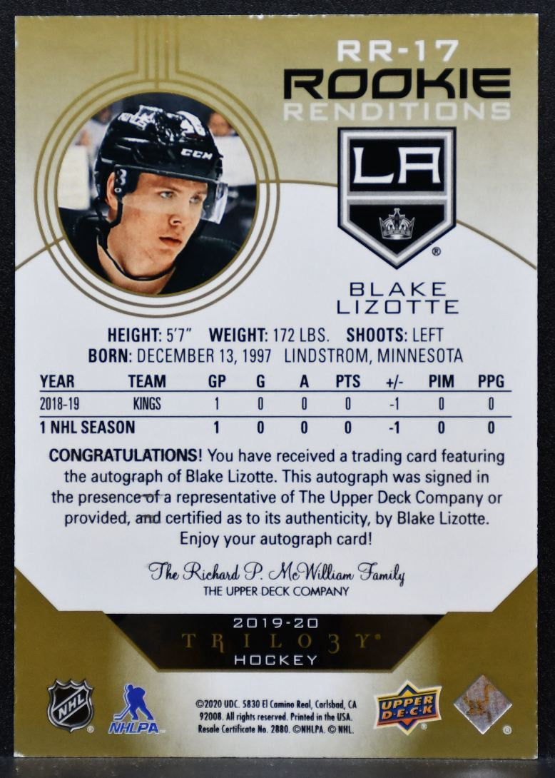 2019-20 UD Trilogy Rookie Renditions Gold Foil Auto Blake Lizotte RC Auto 6532