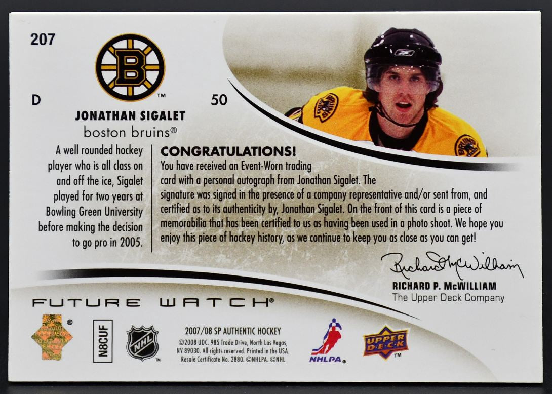 2007-08 SP Authentic Limited Sigalet 207 Boston Bruins RC Auto /100 Patch