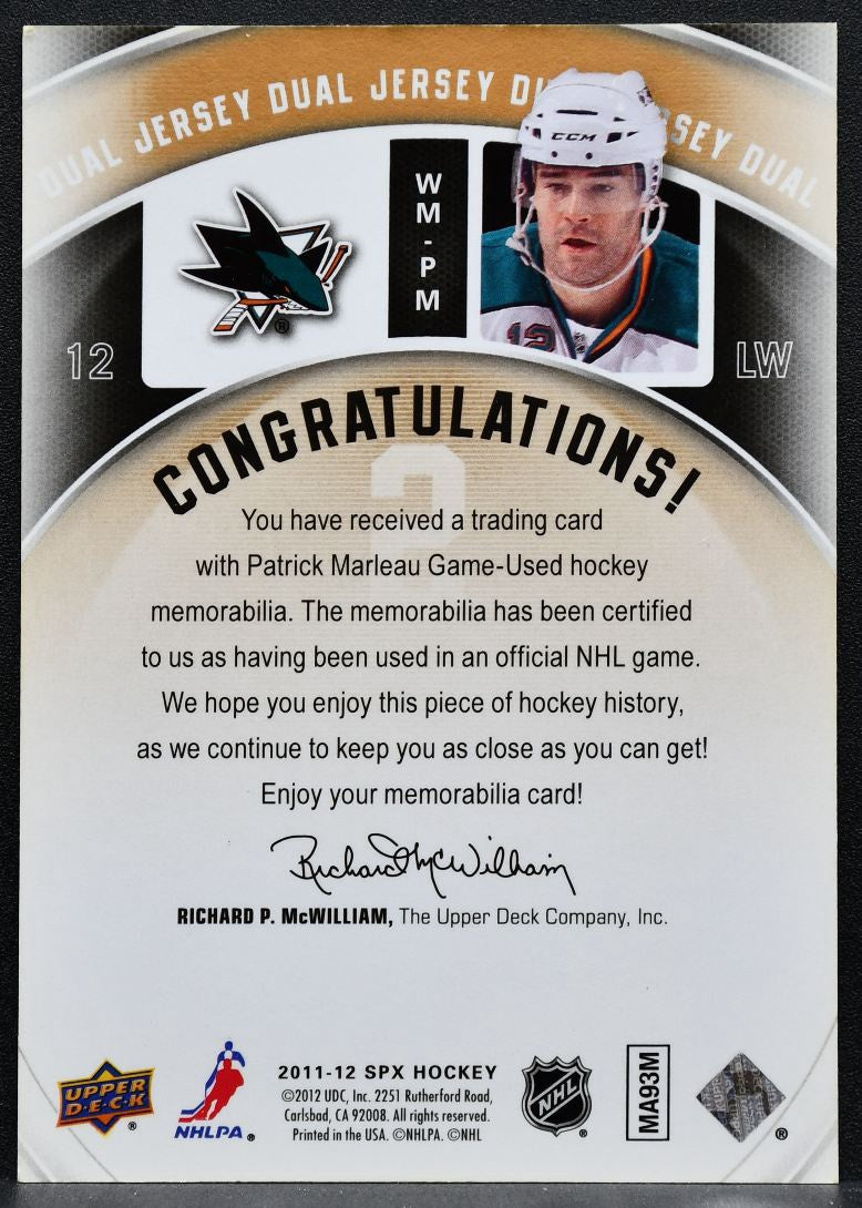 2011-12 SPx Winning Materials Patrick Marleau WM-PM San Jose Sharks Jersey 3650