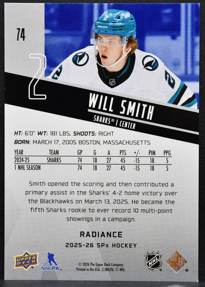 2025-26 SPx Radiance Will Smith 74 San Jose Sharks 050/100 8020