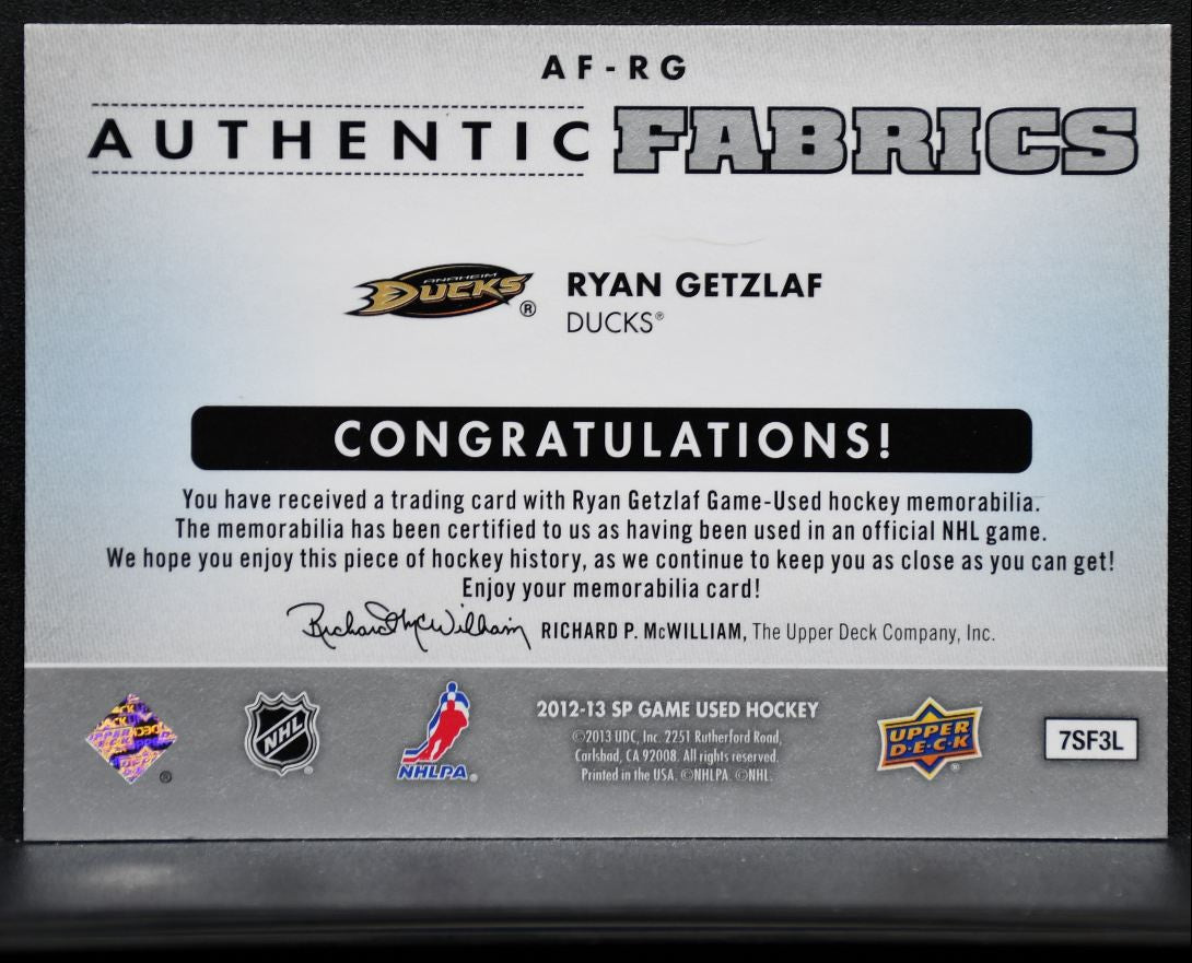 2012-13 SP Game Used Authentic Fabrics Ryan Getzlaf AF-RG Ducks Jersey 8113