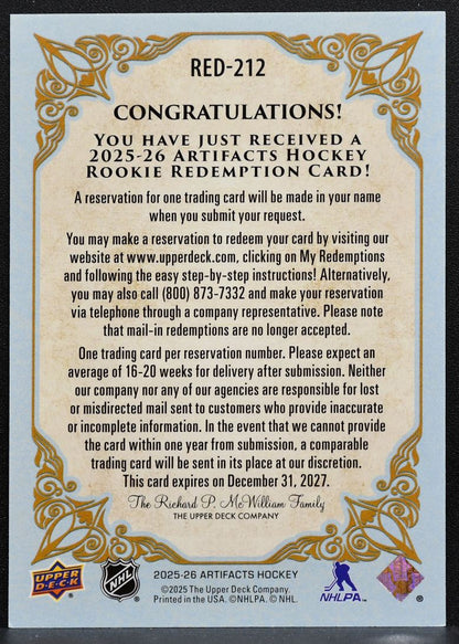 2025-26 UD Artifacts Rookie Redemptions Florida Panthers Panthers RC 1273