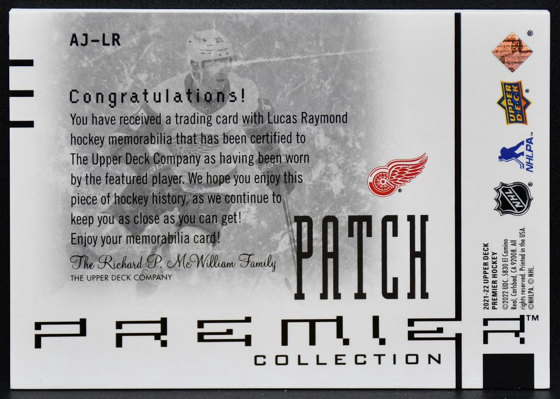 2021-22 UD Premier Collection Patch Raymond AJ-LR Red Wings 04/15 Patch 3022