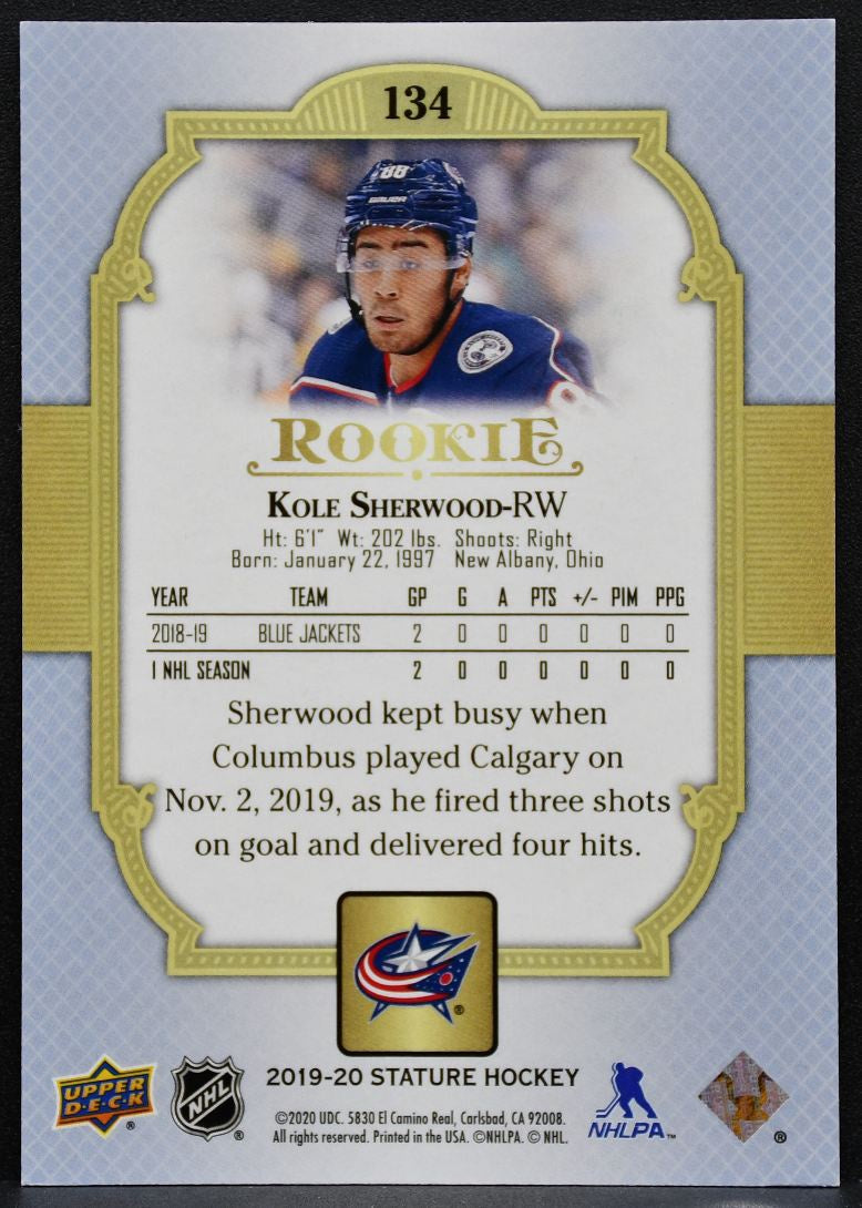 2019-20 Upper Deck Stature Rookie Kole Sherwood 134 Blue Jackets RC 11/85 4728