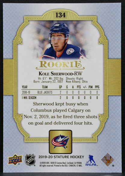 2019-20 Upper Deck Stature Rookie Kole Sherwood 134 Blue Jackets RC 11/85 4728
