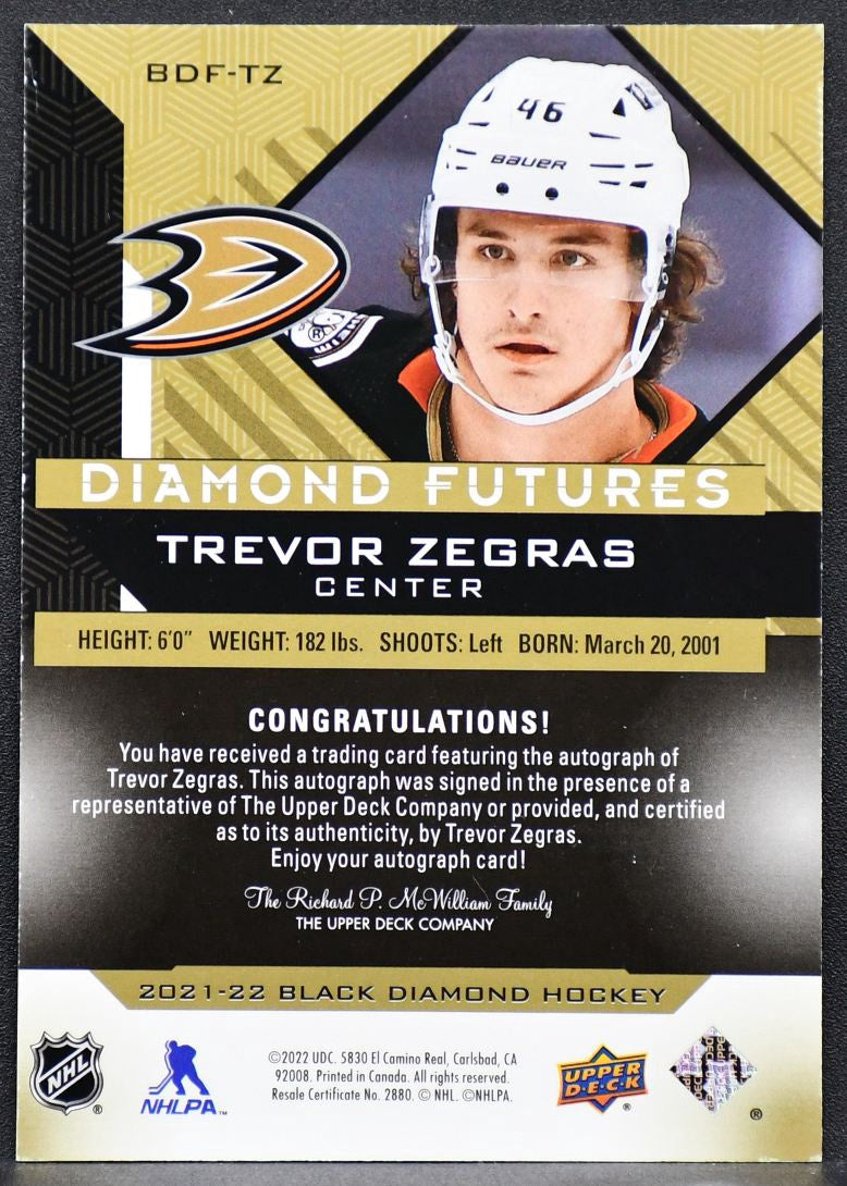 21-22 UD Black Diamond Futures Autographs Zegras BDF-TZ Ducks Auto 03/49 4573