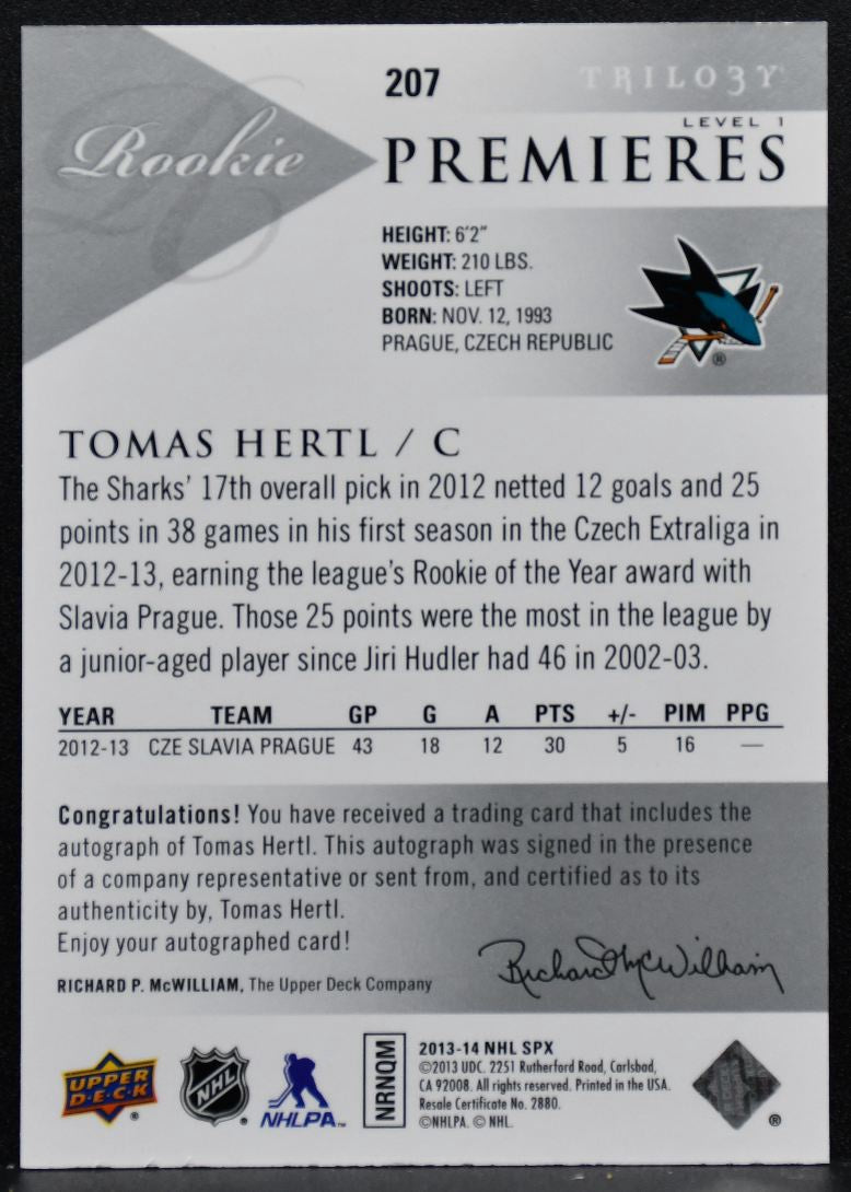 2013-14 SPx Trilogy Premieres Rookie Lvl1 Tomas Hertl RC Auto 092/149 3180