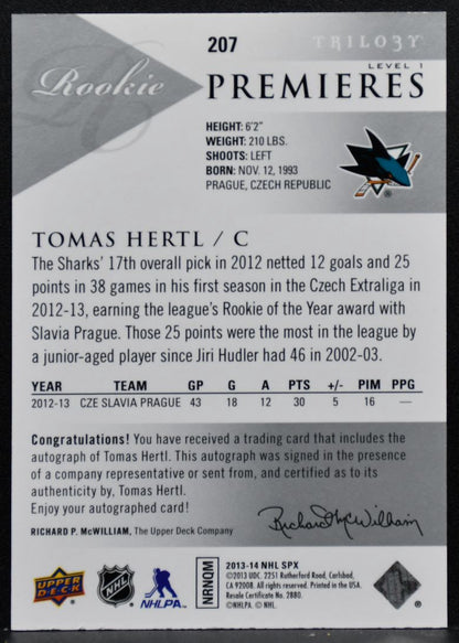 2013-14 SPx Trilogy Premieres Rookie Lvl1 Tomas Hertl RC Auto 092/149 3180