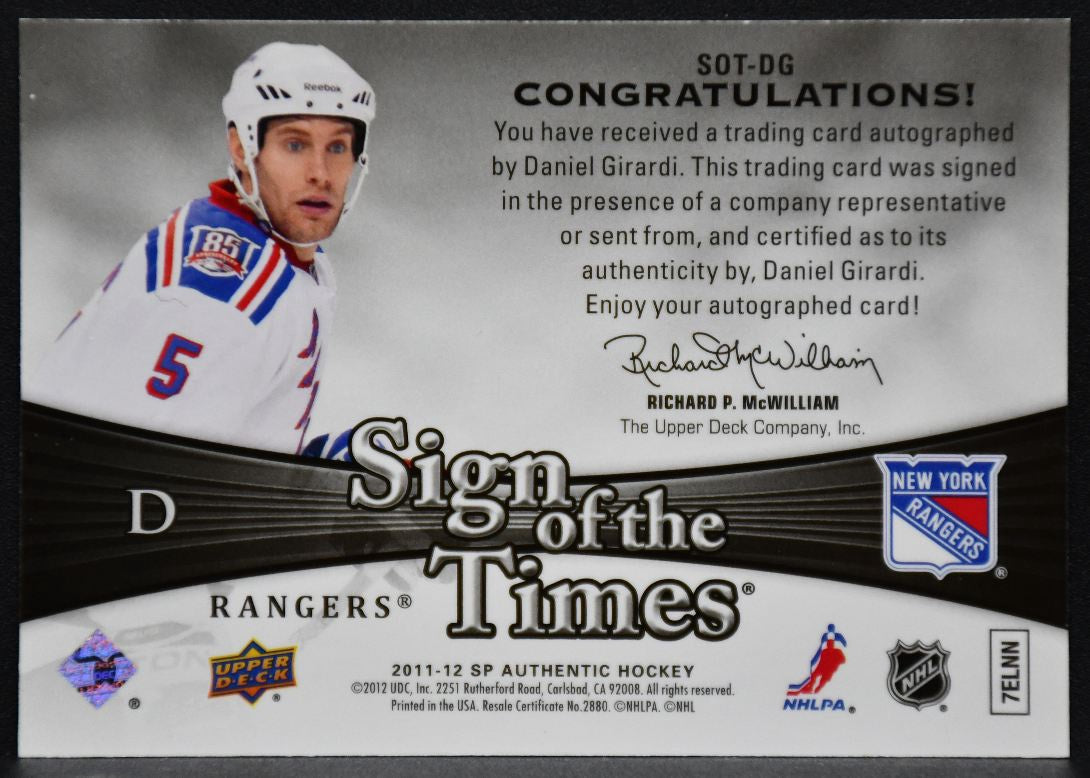 2011-12 SP Authentic Sign of the Times Daniel Girardi SOT-DG Auto 3627