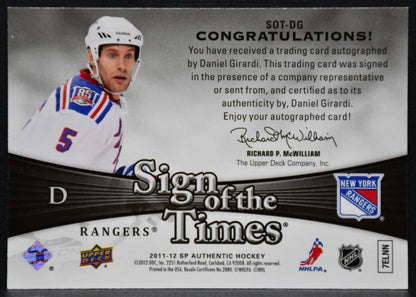 2011-12 SP Authentic Sign of the Times Daniel Girardi SOT-DG Auto 3627