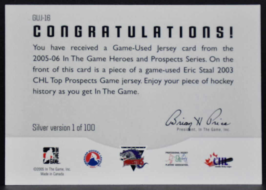 2005-06 In The Game Heroes and Prospects Jerseys Eric Staal GUJ-16 Jersey 8623