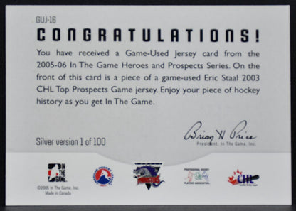2005-06 In The Game Heroes and Prospects Jerseys Eric Staal GUJ-16 Jersey 8623