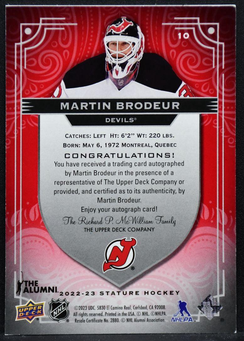 2022-23 UD Stature Autographs Red Martin Brodeur 10 New Jersey Devils Auto 1/5