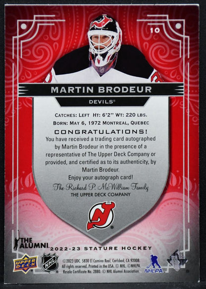 2022-23 UD Stature Autographs Red Martin Brodeur 10 New Jersey Devils Auto 1/5