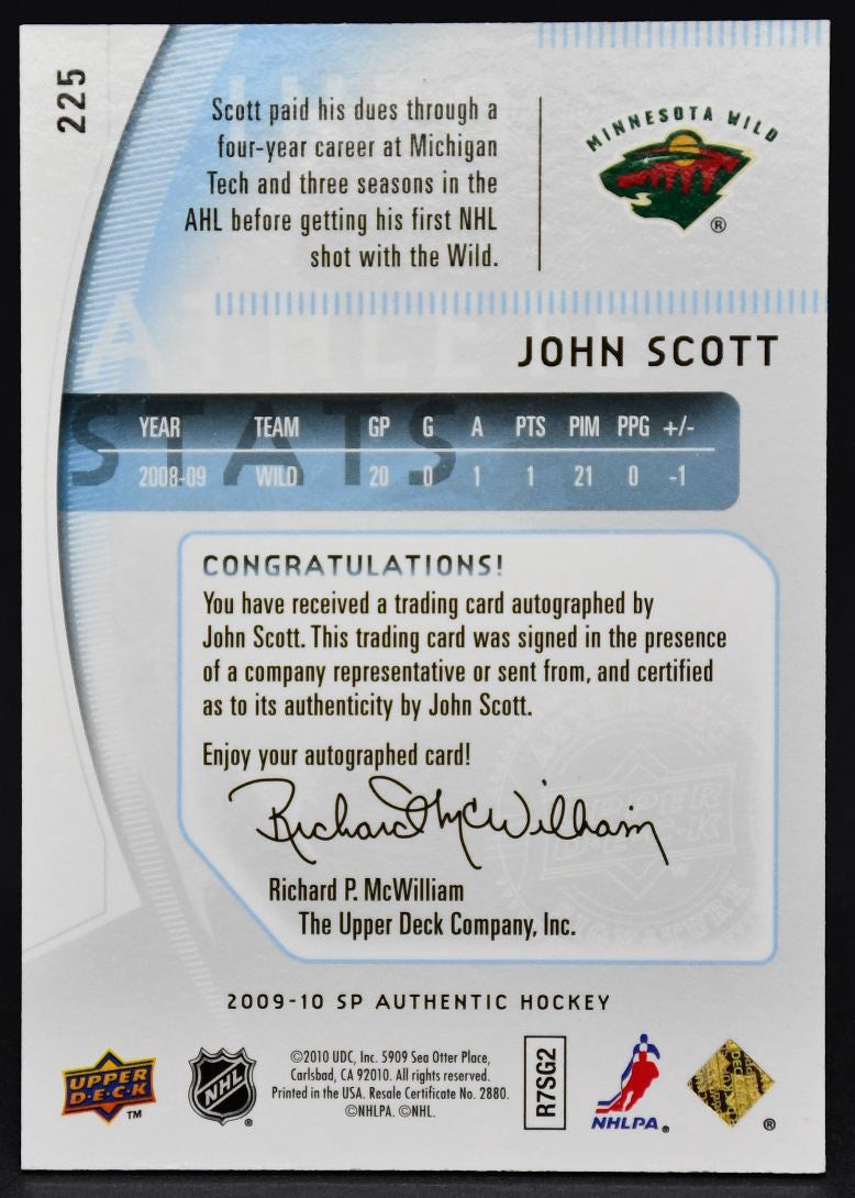 2009-10 SP Authentic Future Watch Autograph John Scott 225 RC Auto 049/999