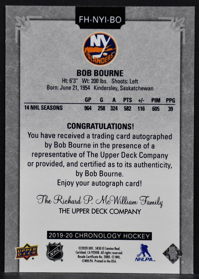 2019-20 UD Chronology Auto Bob Bourne FH-NYI-BO New York Islanders Auto