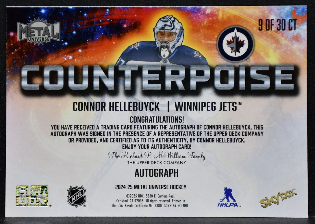 Skybox Metal Universe Counterpoise Autograph Connor Hellebuyck /30 Jets 4122