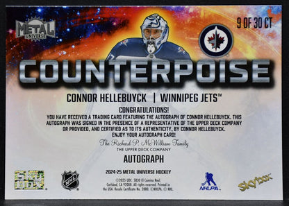 Skybox Metal Universe Counterpoise Autograph Connor Hellebuyck /30 Jets 4122