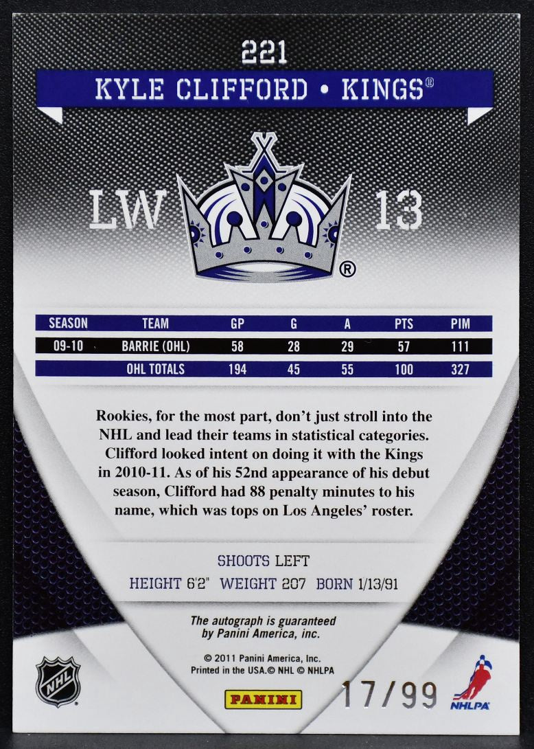 2010-11 Panini Donruss Elite RC Auto Kyle Clifford 221 Kings RC Auto 17/99 7570