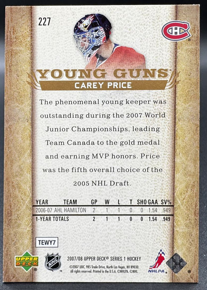 2007-08 UD Young Guns Carey Price 227 Montreal Canadiens RC