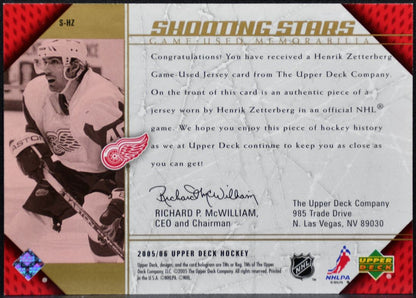 2005-06 Upper Deck Shooting Stars Henrik Zetterberg S-HZ Red Wings Jersey 2331