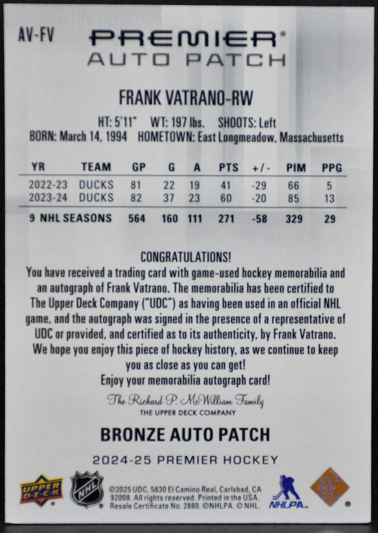 2024-25 UD Premier Collection Auto Patch Frank Vatrano Ducks Auto /49 Patch 4588