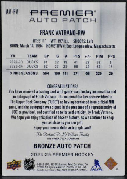 2024-25 UD Premier Collection Auto Patch Frank Vatrano Ducks Auto /49 Patch 4588