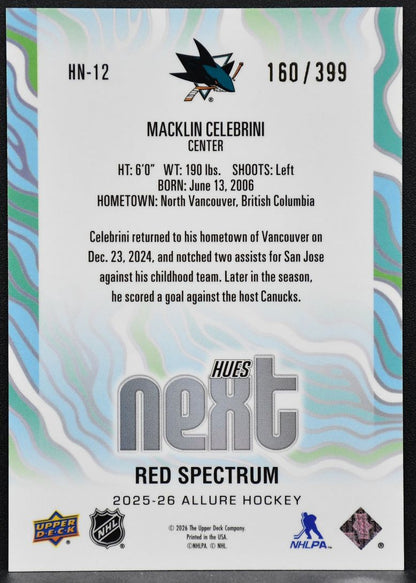 2025-26 Upper Deck Allure Hues Next Red Spectrum Macklin Celebrini 160/399 1418