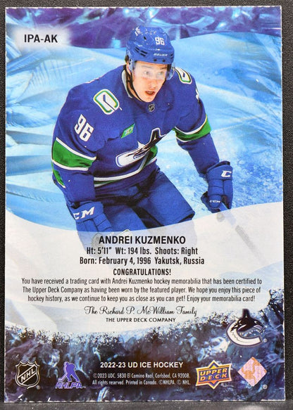 2022-23 Ice Premieres Jerseys Andrei Kuzmenko Vancouver Canucks RC Jersey 4447