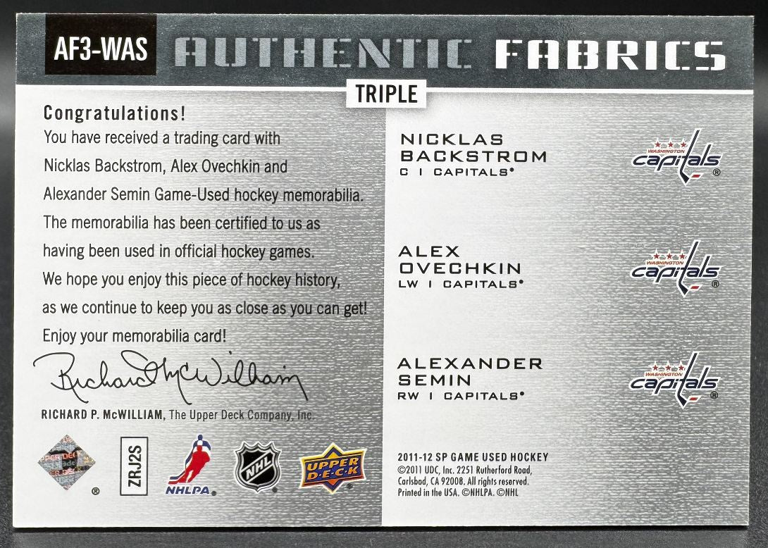 2011-12 SP Game Used Fabrics Triples Backstrom/Ovechkin/Semin /25