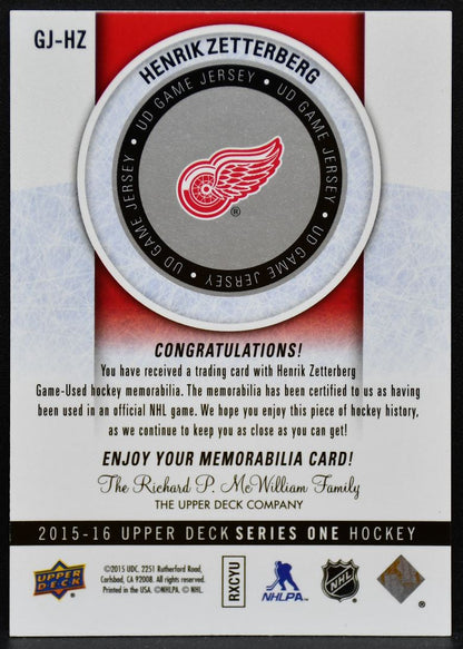 2015-16 UD Series One Game Jerseys Henrik Zetterberg GJ-HZ Red Wings Jersey 5040