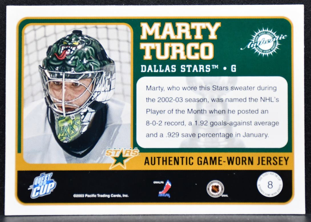 2003-04 Pacific Quest for the Cup Jerseys Marty Turco 8 Dallas Stars Jersey 3487