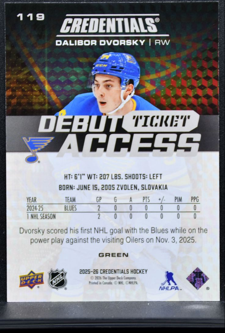 2025-26 UD Credentials Debut Ticket Access Green Dalibor Dvorsky RC 18/25 0276