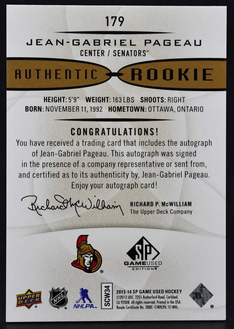 2013-14 SP Game Used Gold Autographs Jean-Gabriel Pageau 179 Senators RC Auto