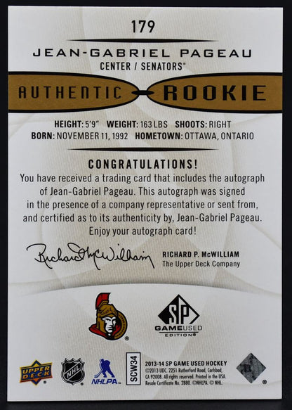 2013-14 SP Game Used Gold Autographs Jean-Gabriel Pageau 179 Senators RC Auto